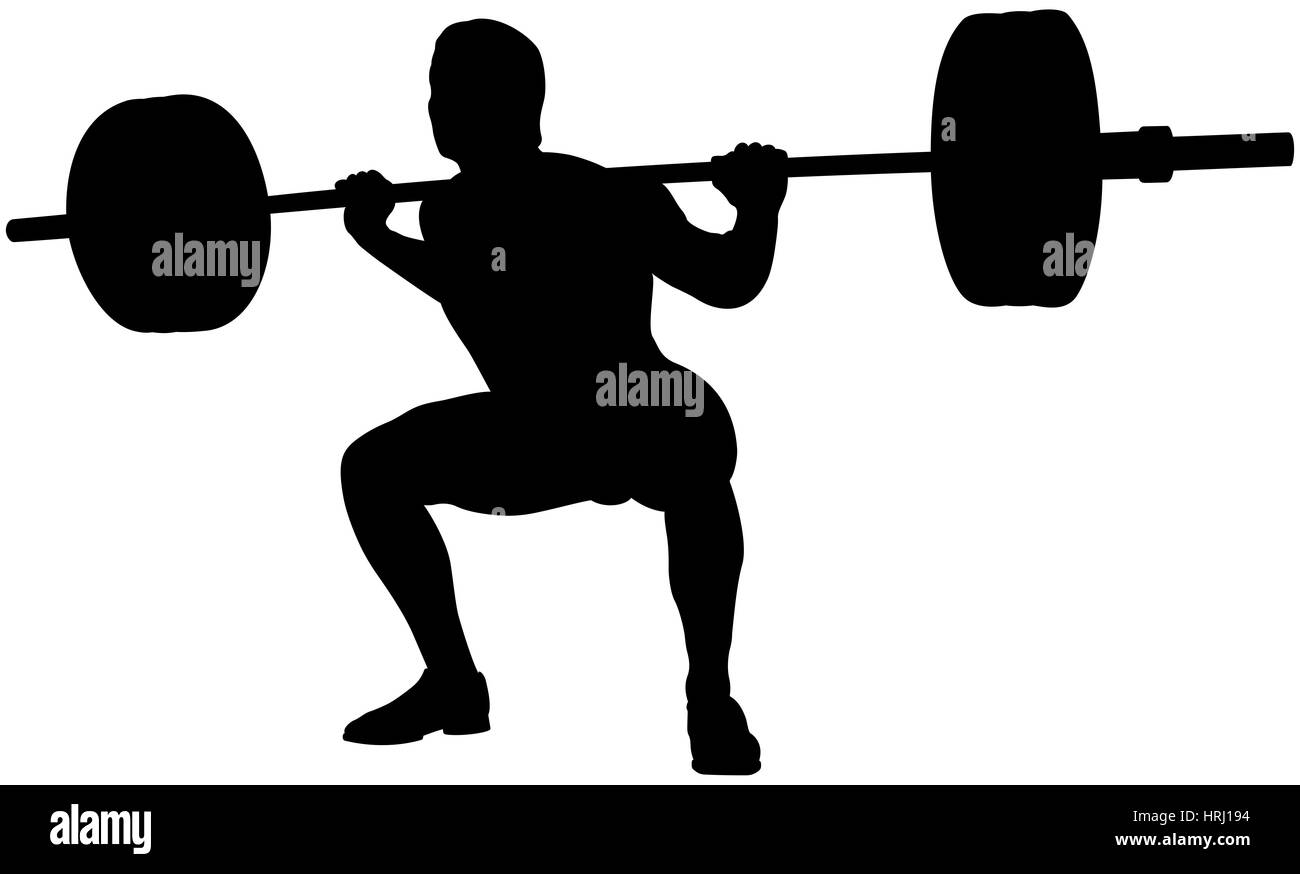 junge Sportler Powerlifter Kniebeugen Kraftdreikampf schwarze Silhouette Stockfoto