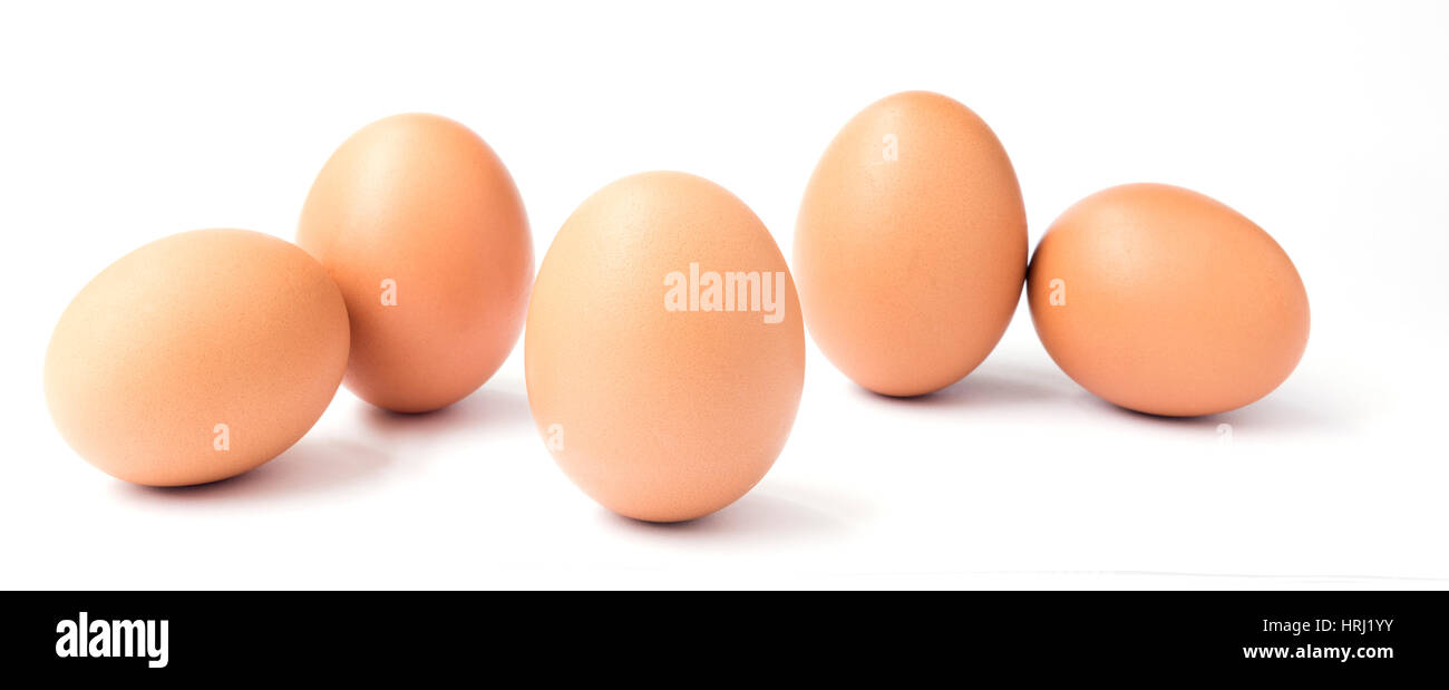5 organische Hühnereiern isoliert auf weiss. Stockfoto