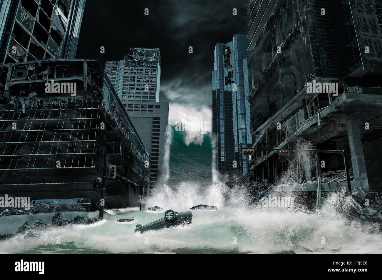 Eine filmische Darstellung einer Stadt durch ein Tsunami zerstört. Elemente in das Stadtbild wurden sorgfältig erstellt, verändert und manipuliert, um ähneln einem Stockfoto