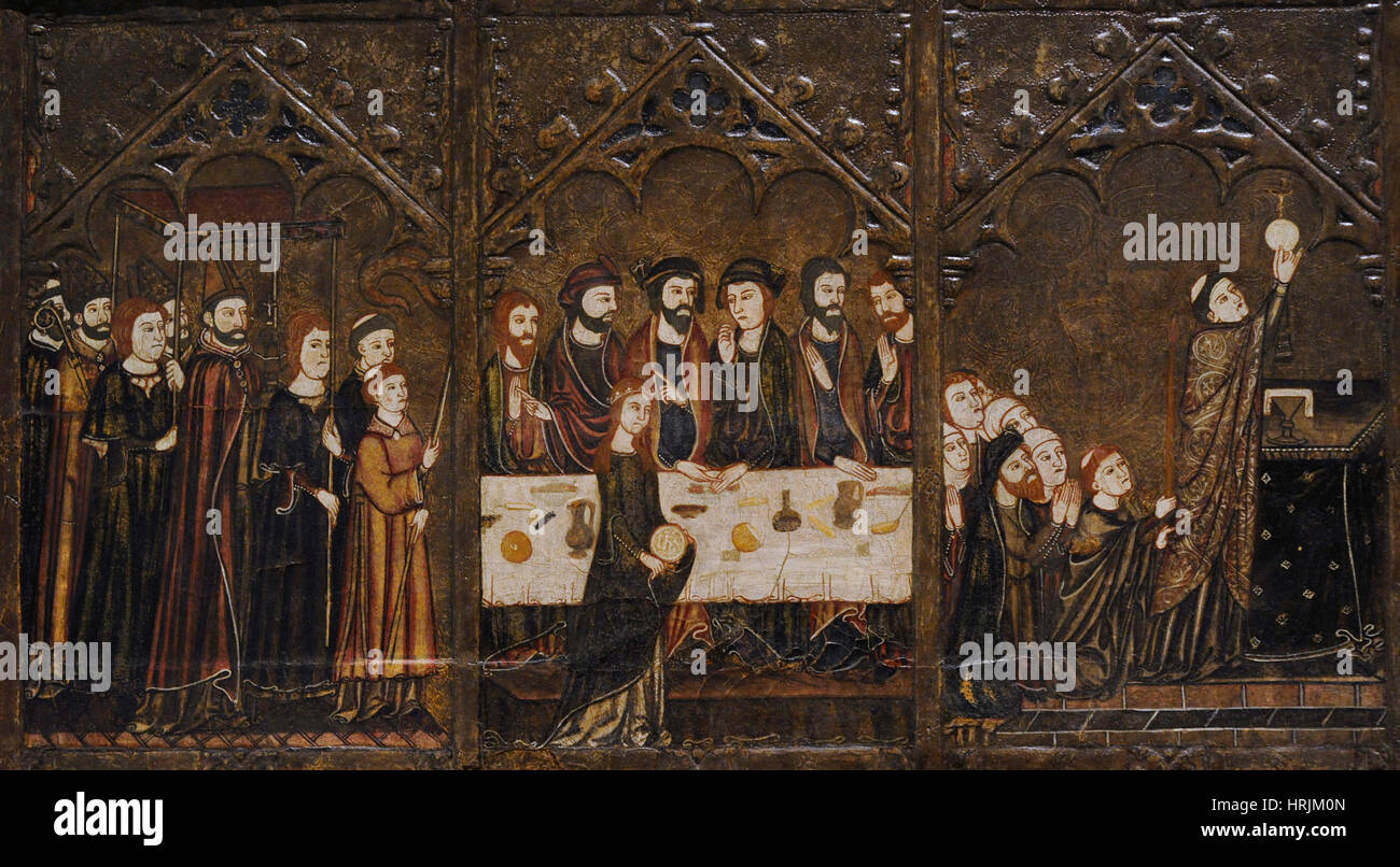 Meister der Vallbona de Les Monges (Guillem Seguer?), 14. Jahrhundert. Altarbild von Corpus Christi, ca.1335-1345. Detail-Darstellung eine Fronleichnamsprozession, eine Frau stehlen eine Vielzahl und eine Höhe von The Host, vielleicht Masse von Gregor. Von der Kapelle des Corpus Christi. Kirche des Klosters Santa Maria de Les Monges, Provinz Lleida. Nationalen Kunstmuseum von Katalonien. Barcelona. Katalonien. Spanien. Stockfoto