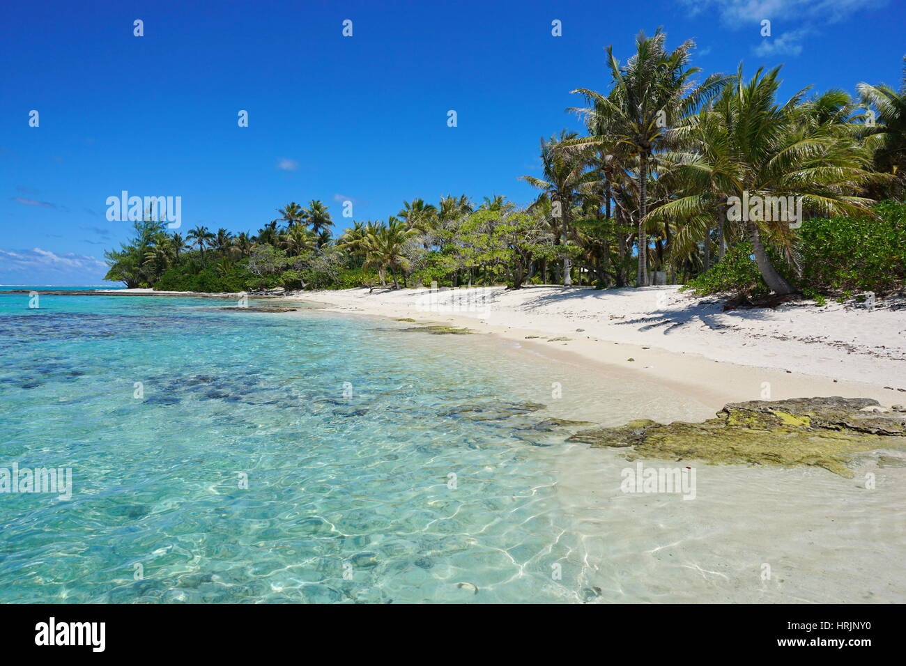 Französisch-Polynesien tropischen Strand Ufer mit Bäumen auf der Südseite der Insel Huahine, Pazifik Stockfoto