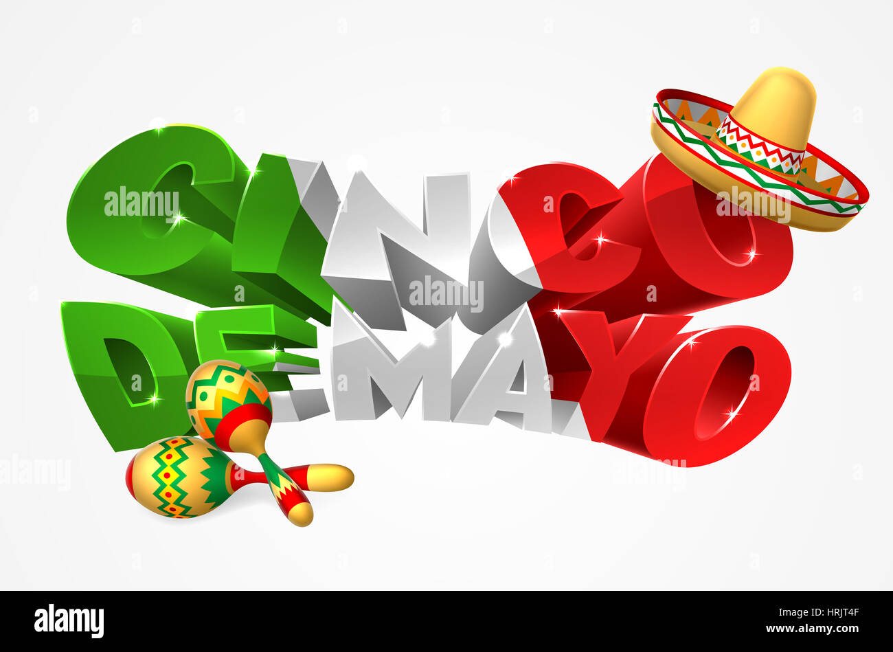 Ein Cinco De Mayo Label Zeichen Abziehbild Design in grün rot und weiß mit mexikanischen Sombrero Stroh Sonne Hut und Maracas shakers Stockfoto