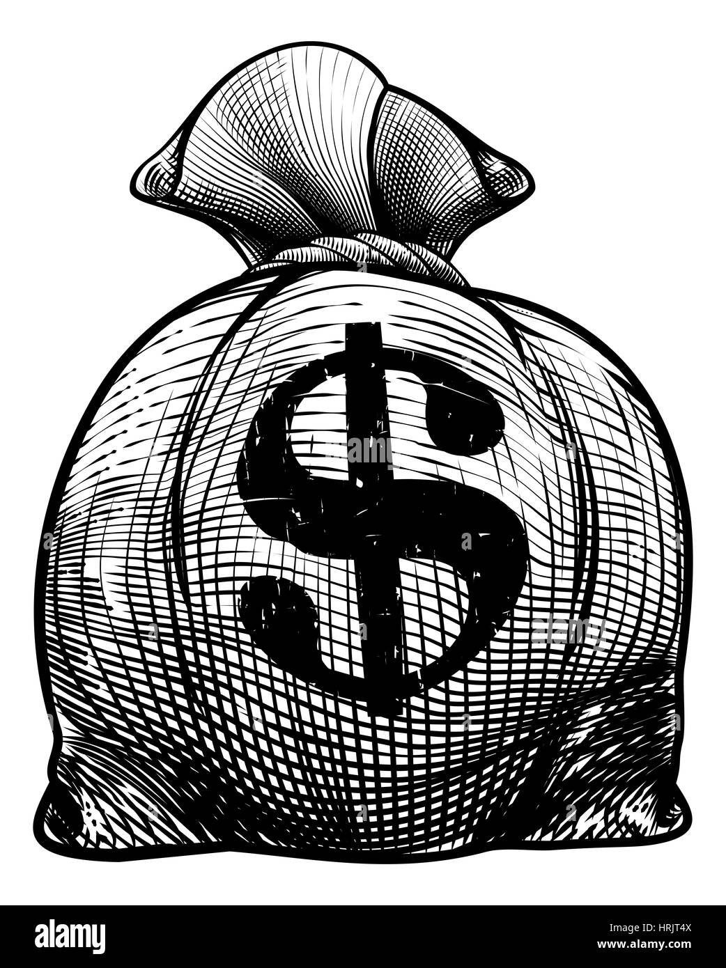 Jute Sack oder Geld Beutel in einem geätzten oder gravierten Holz schneiden Vintage-retro-Stil mit einem Dollarzeichen Stockfoto