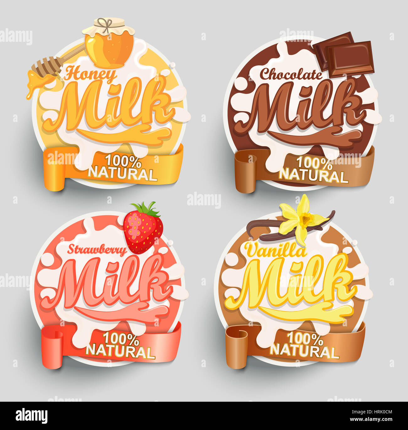 Honig, Schokolade, Erdbeere und Vanille-Milch-Logo setzen Vektor-Illustration. Stockfoto