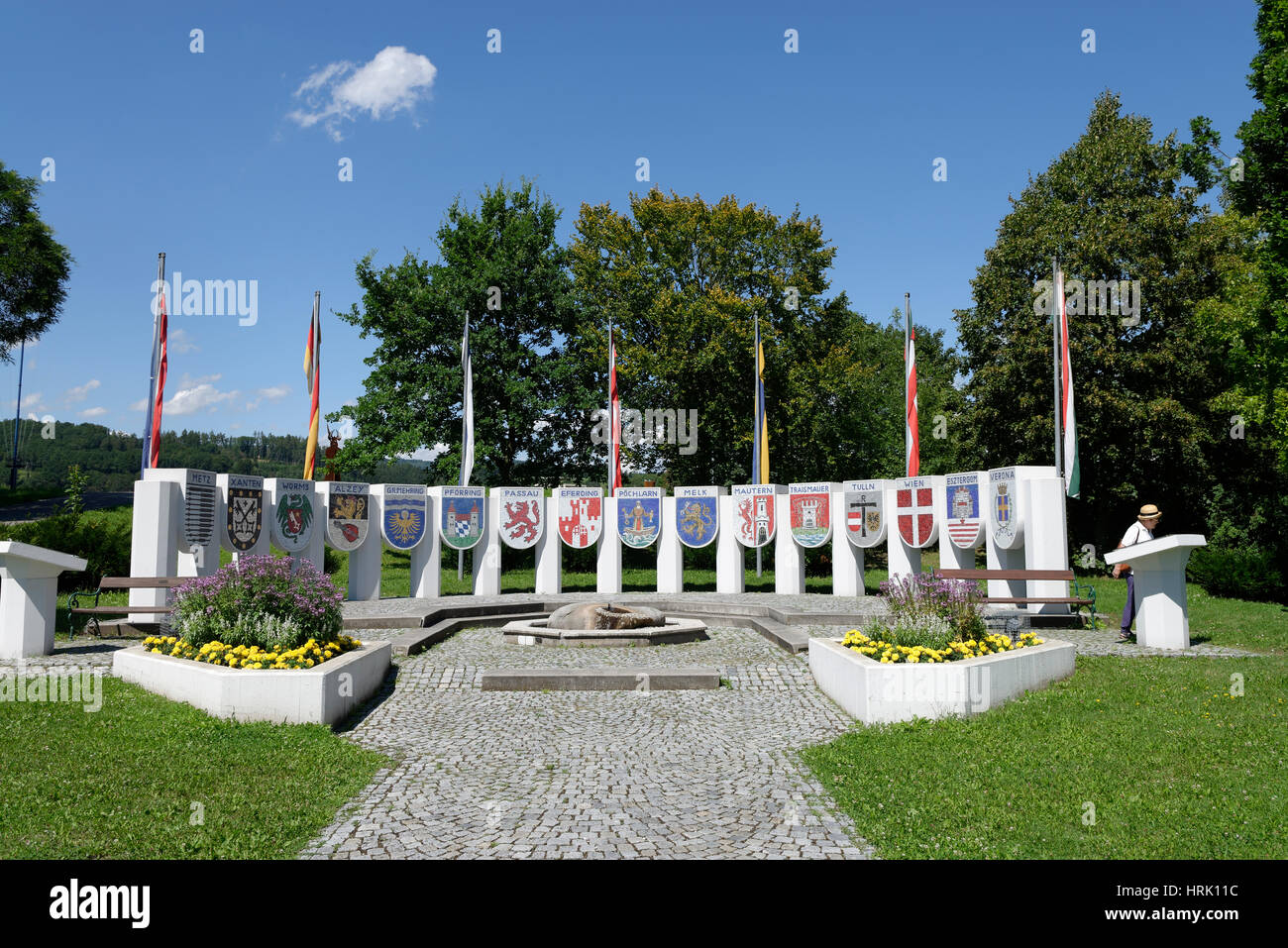 Nibelungen-Denkmal auf der Donaulände, Pöchlarn, Niederösterreich, Österreich Stockfoto