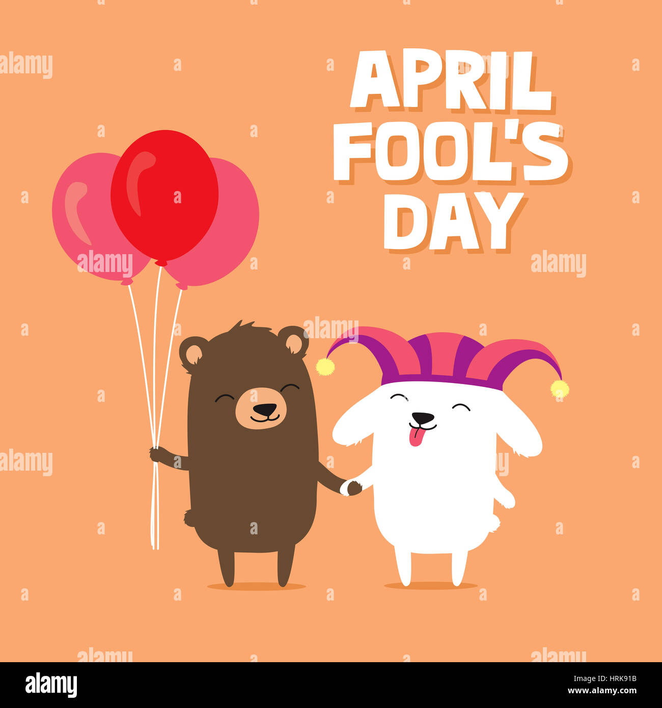 Aprilscherz Tag Grußkarte mit niedlichen Häschen Kaninchen mit Joker Hut und Bär Ballons halten Stockfoto