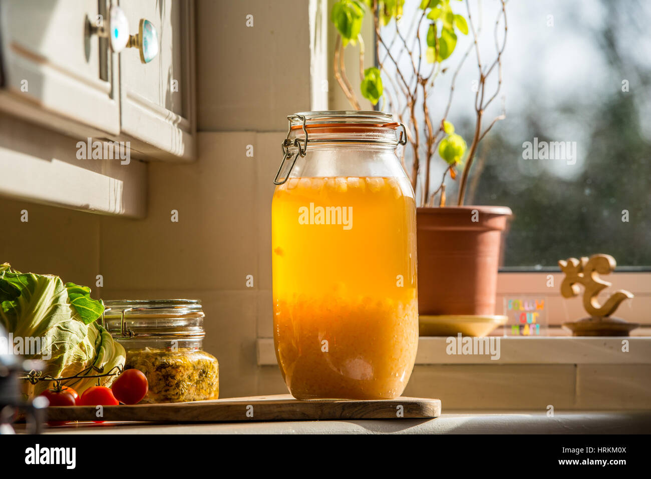 Hausgemachte Wasser Kefir und Sauerkraut, Präbiotika und Probiotika, die Darmgesundheit zu unterstützen und verbessern das Immunsystem. mit Bio-Gemüse Stockfoto