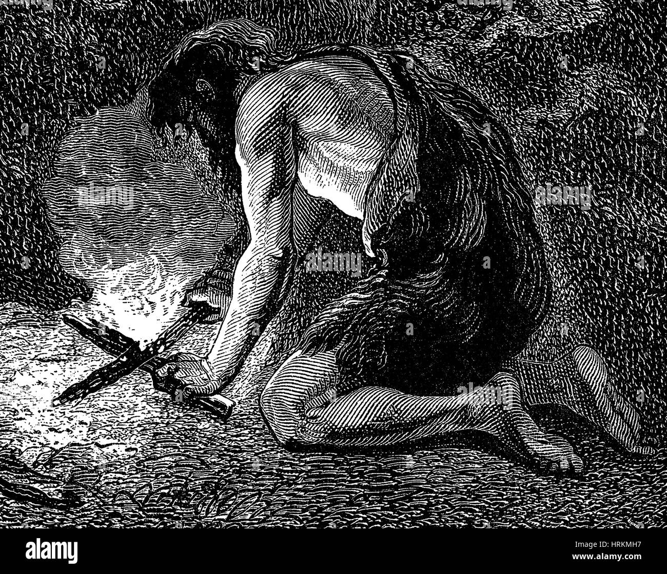Urmenschen, Steinzeit-Kontrolle des Feuers Stockfoto