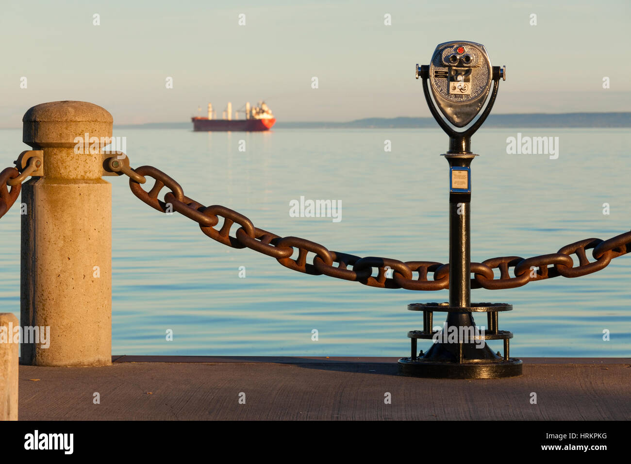 Ein Turm-Viewer mit einem Frachtschiff (Freighter) in der Ferne.  Spencer Smith Park, Burlington, Ontario, Kanada. Stockfoto