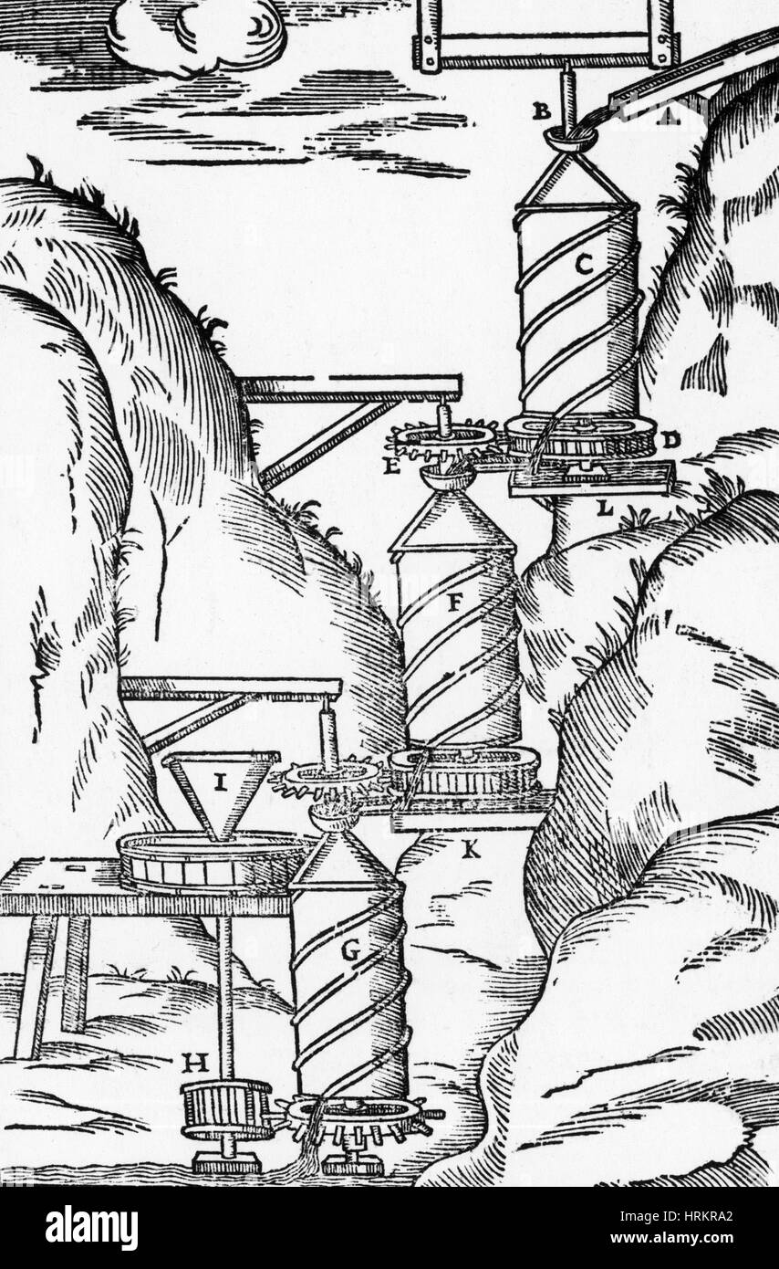 Wassermühle, umgekehrte archimedische Schraube Stockfoto