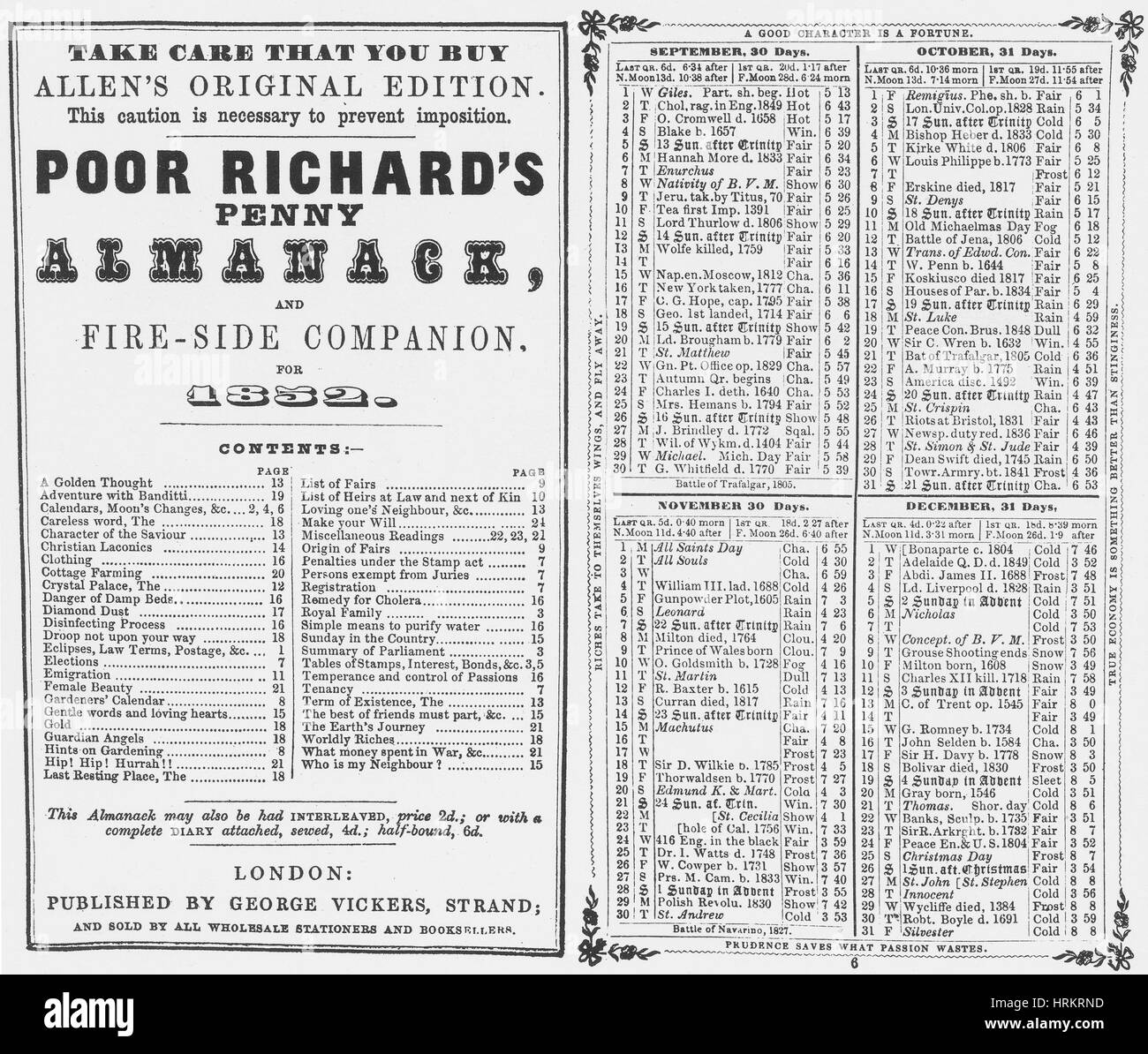 Poor Richard es Penny Almanach, 1852 Stockfoto