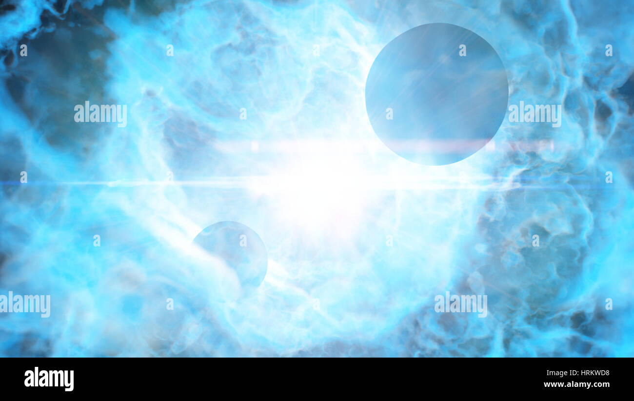 zwei Planeten umkreisen einen hellen Stern in eine schöne lebendige blauen Nebel Stockfoto