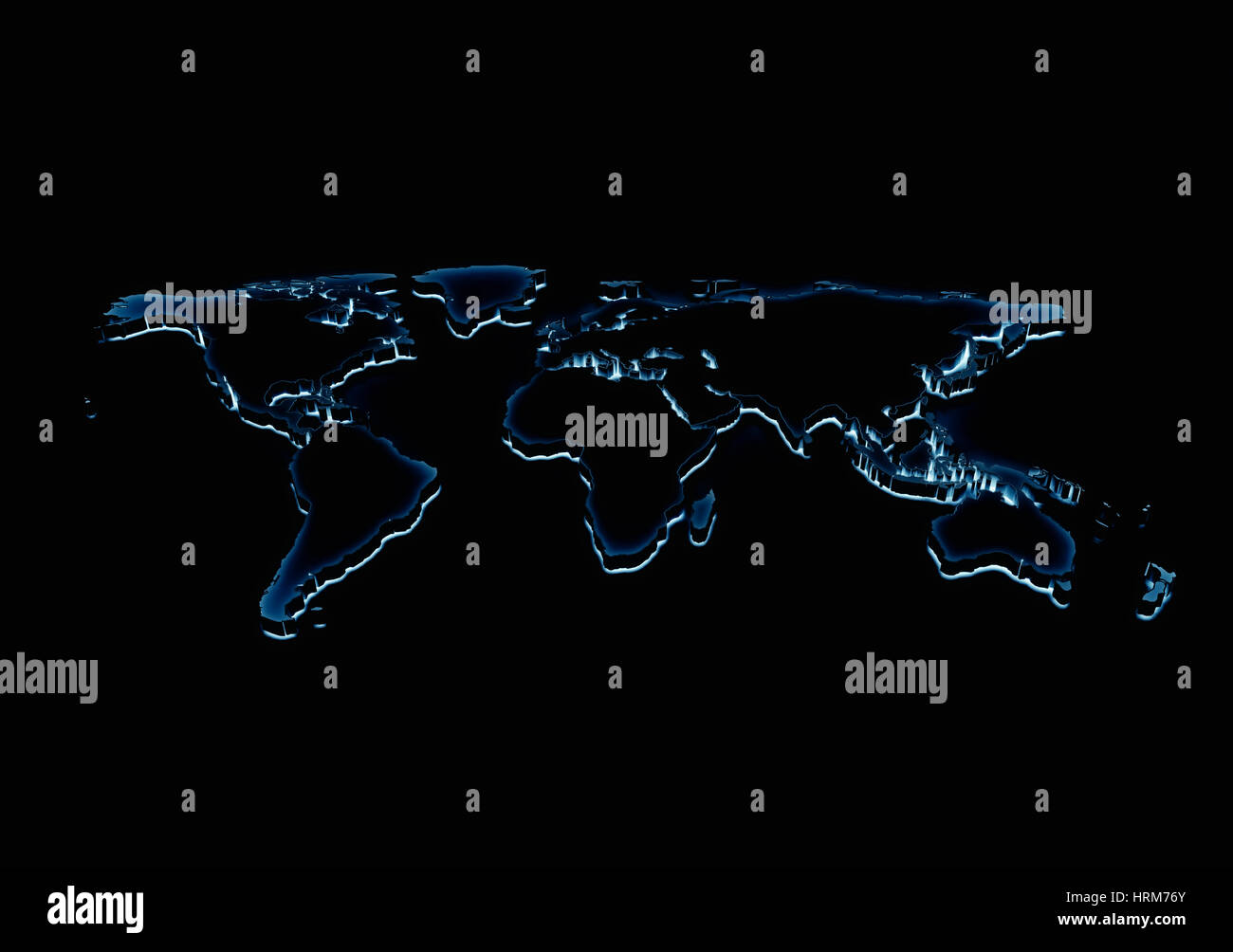 Welt Karte blau leuchten auf schwarzem Hintergrund Stockfoto