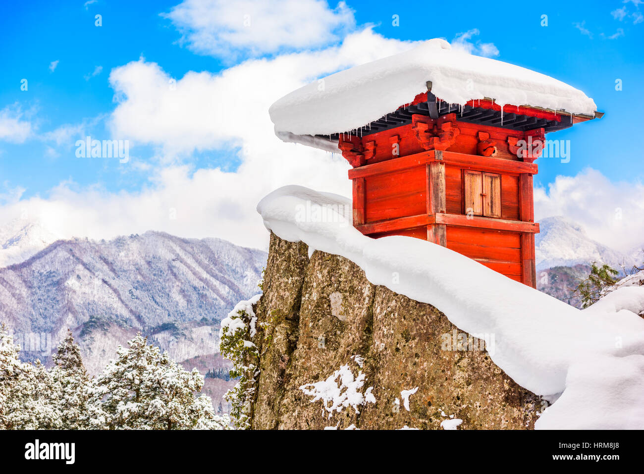 Yamadera, Japan am Berg Tempel im Winter. Stockfoto
