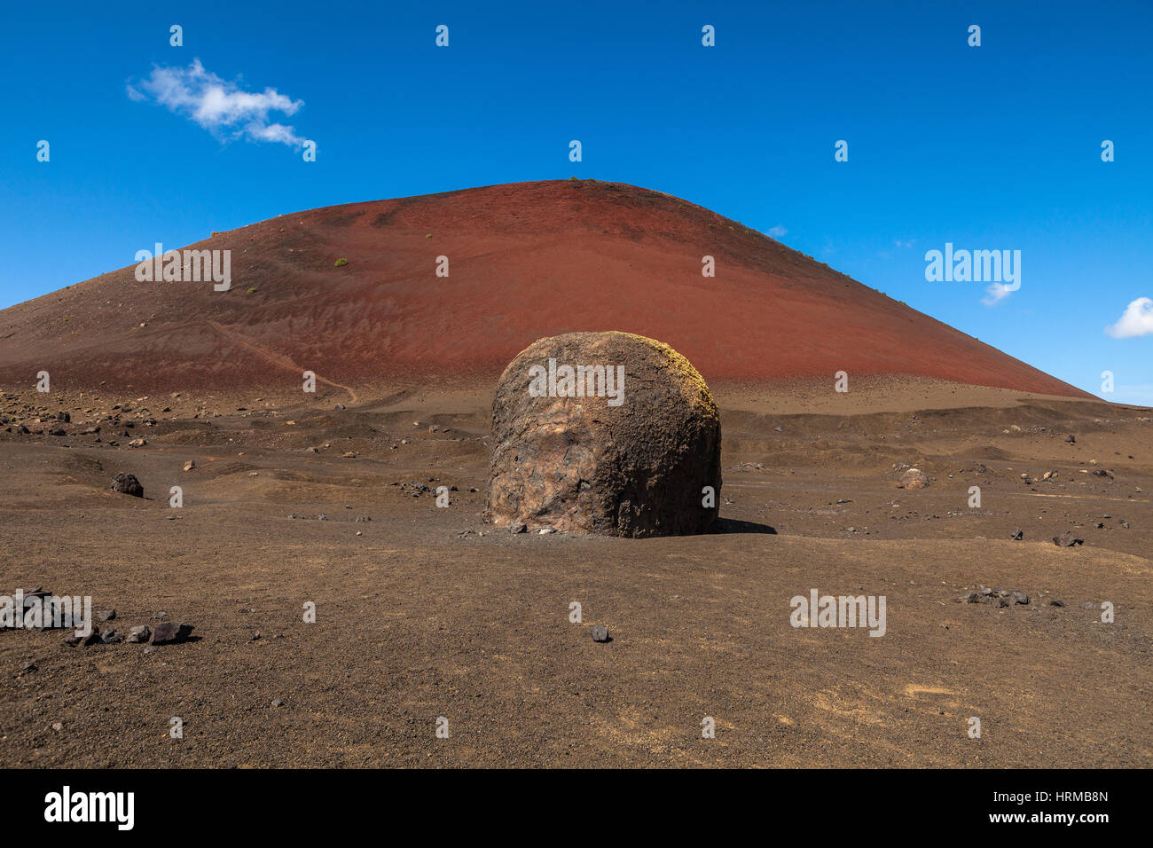 Vulkanische Bombe vor Vulkan Montana Colorada in Lanzarote, Kanarische Inseln, Spanien. Stockfoto
