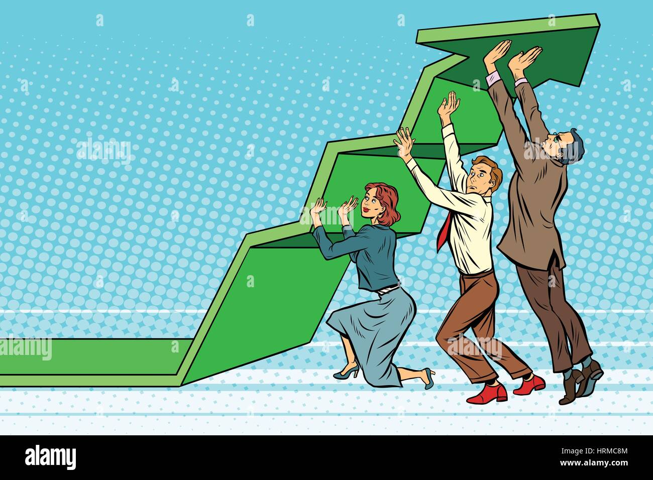 Business-Team heben Sie Wachstumskurve. Pop-Art-Retro-Vektor-Illustration. Die gemeinsame Arbeit. Erfolgsquote Stock Vektor