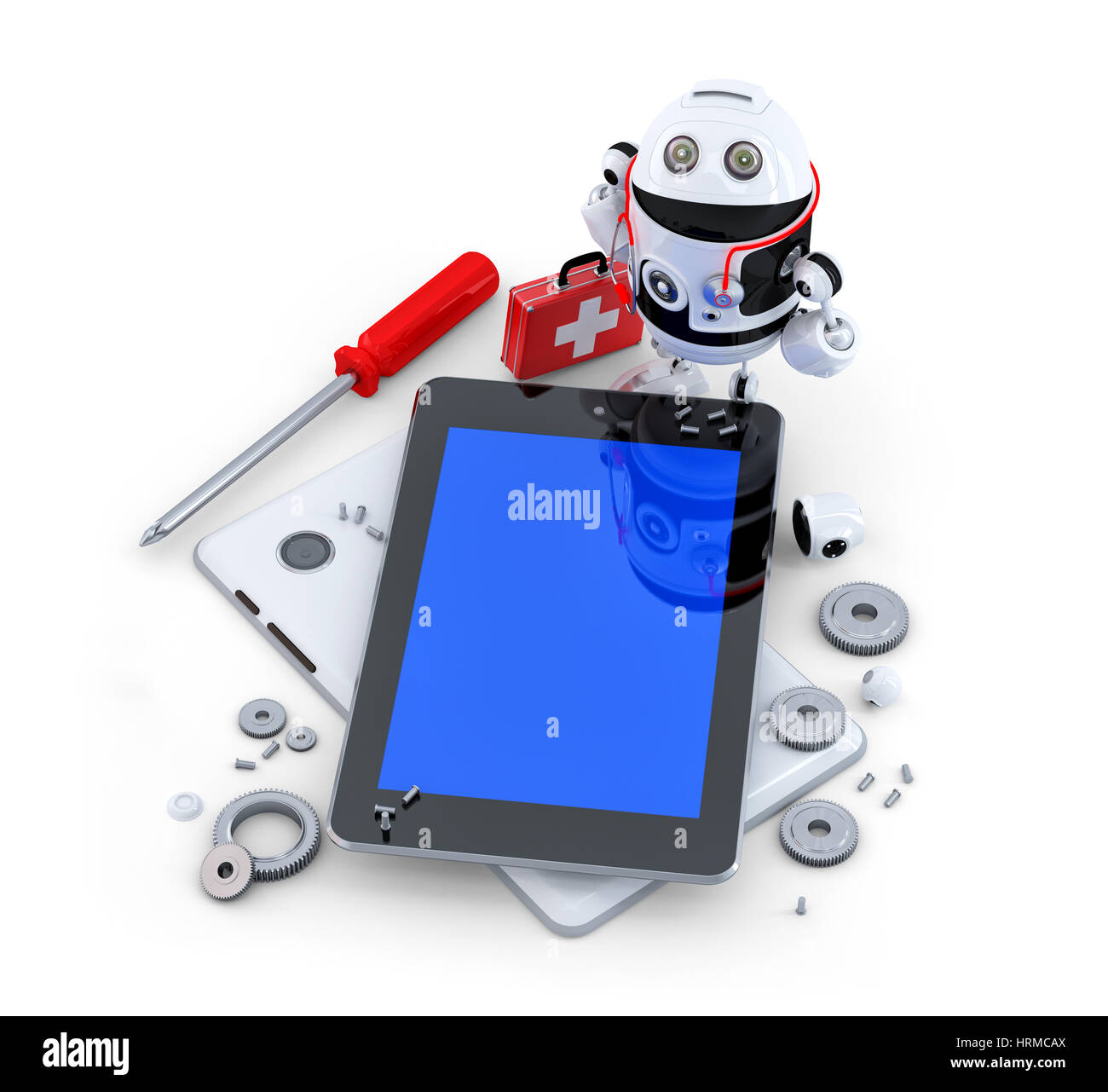Roboter, Reparatur Tablet PC. Technologie-Konzept Stockfoto