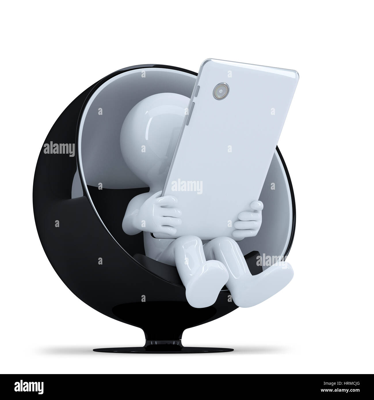 Mann mit Tablet-Computersitting in einem modernen runder Stuhl. Isoliert auf weiss Stockfoto