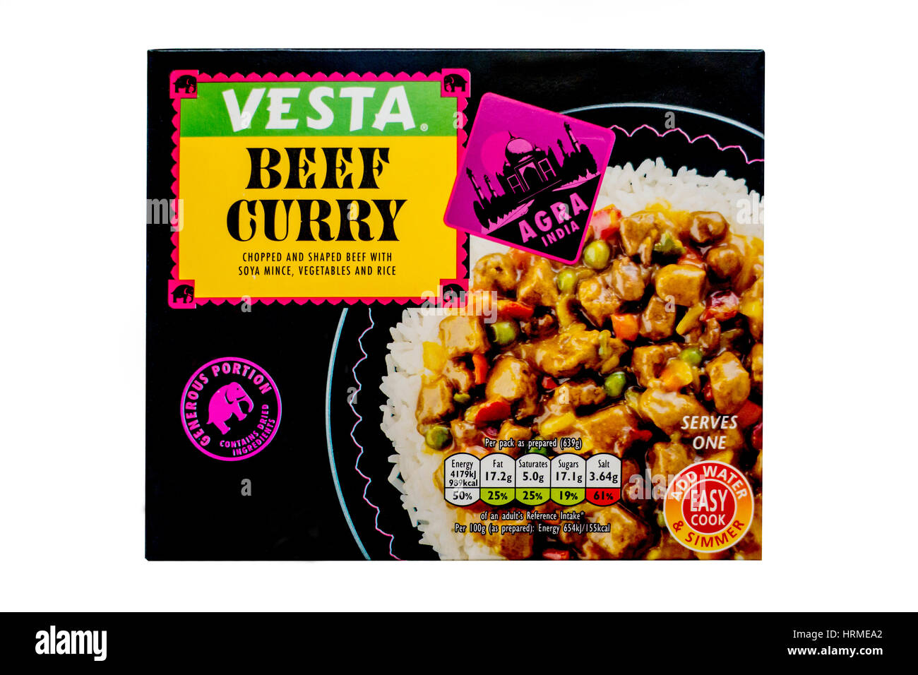 Vesta, Rindfleisch-Curry, gehackt, geformt, Rindfleisch, Soja Hackfleisch, Gemüse, Reis, Curry-Sauce, leicht kochen, Stockfoto