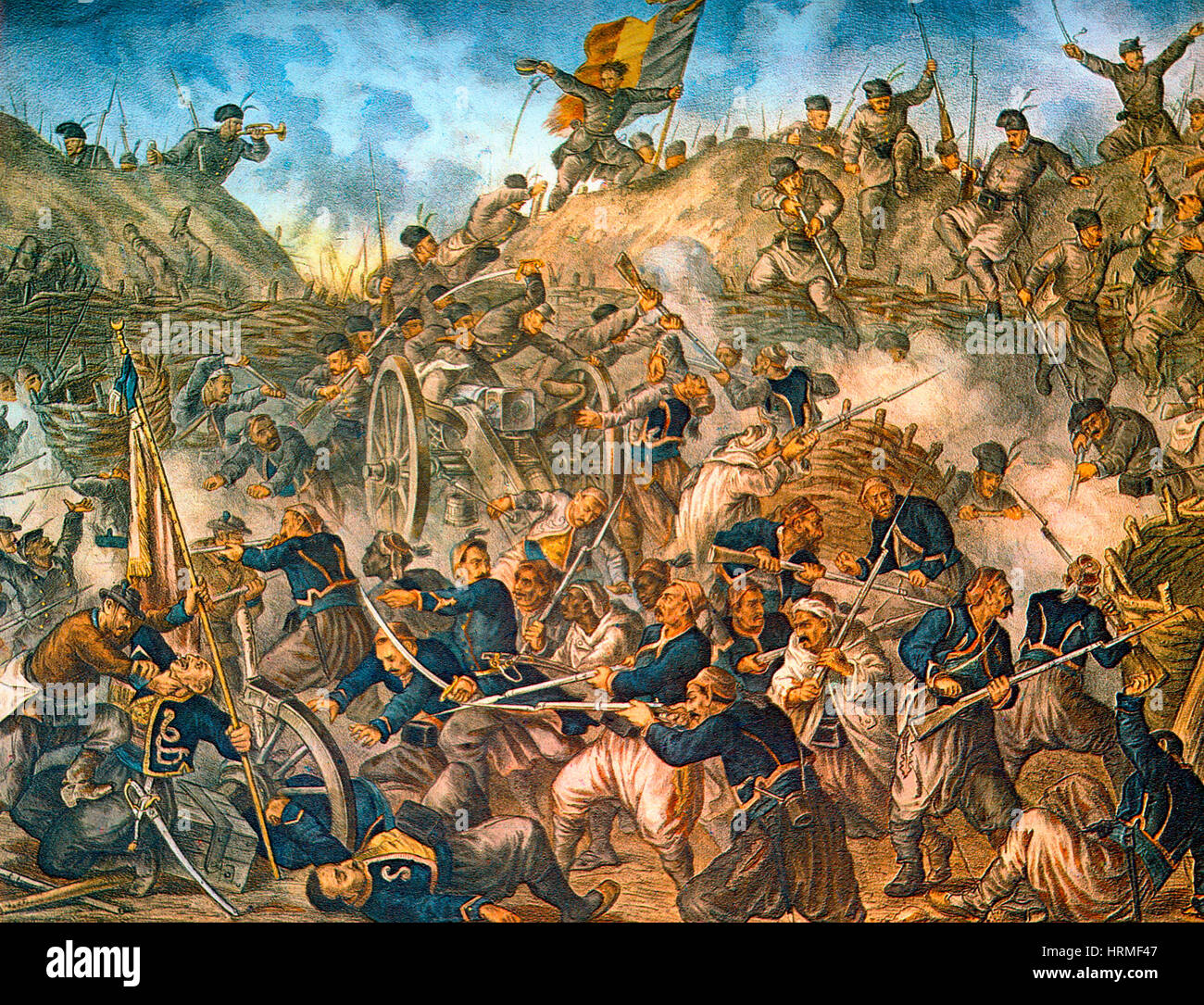 Rumänische Truppen stürmen die Grivitsa Schanze während des rumänischen Krieg von 1877 – 1878 kämpften gegen das Osmanische Reich. Die Veranstaltung fand am 30. August 1877. Rumänen sind Soldaten in grau und blau sind die Türken. Henryk Dembitzky, 1881 Stockfoto
