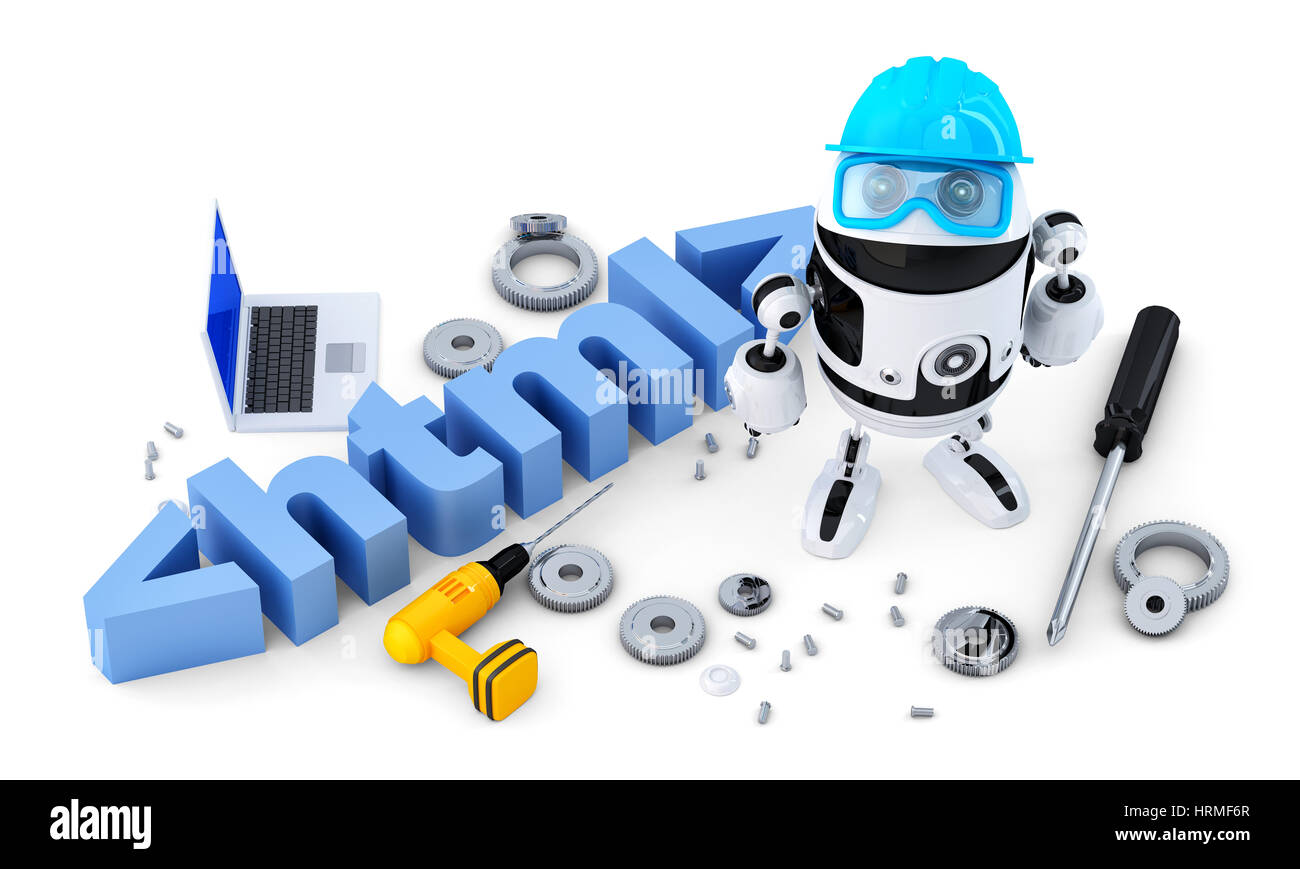 Roboter mit HTML-Zeichen. Technologie-Konzept. Isoliert auf weißem Hintergrund. Clipping-Pfad enthält Stockfoto