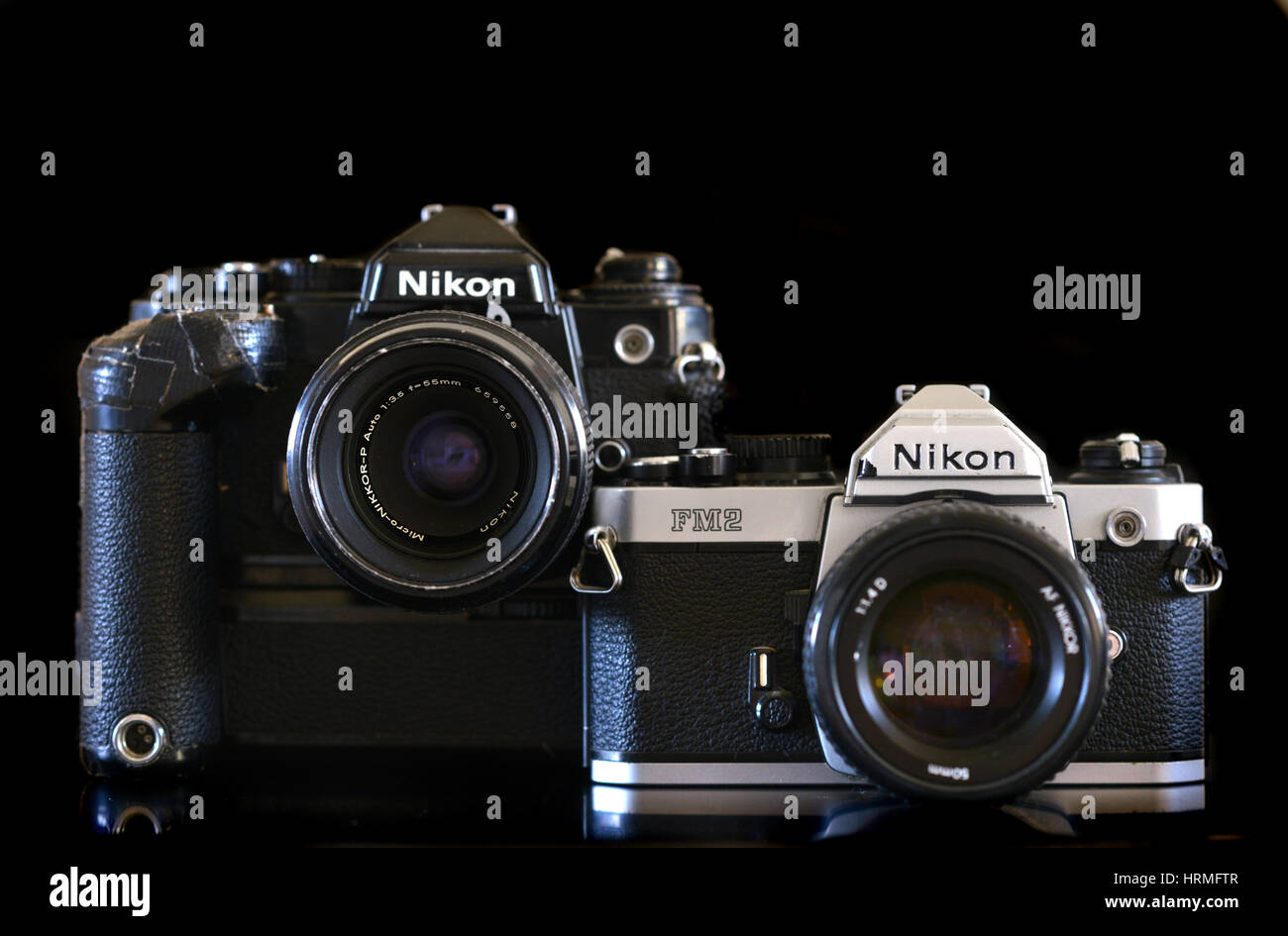 Vintage Nikon FM2 und FE-film-Kameras Stockfoto