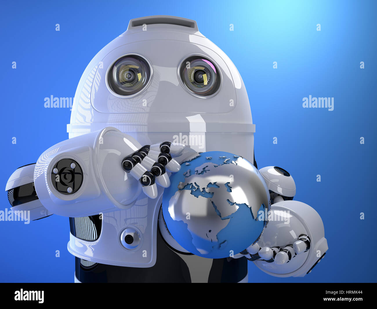 Roboter mit blau leuchtenden Erdkugel. Technologie-Konzept. Isoliert auf weiss. Clipping-Pfad enthält. Stockfoto
