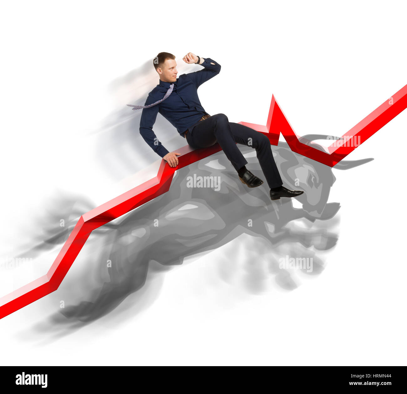 Unternehmer ist auf dem Sprung Bullen auf roten Aufwärtstrend Richtungslinie auf Hintergrund der Grafik des Fonds.  Aktiver Verkauf im bullish Marktkonzept. Stockfoto