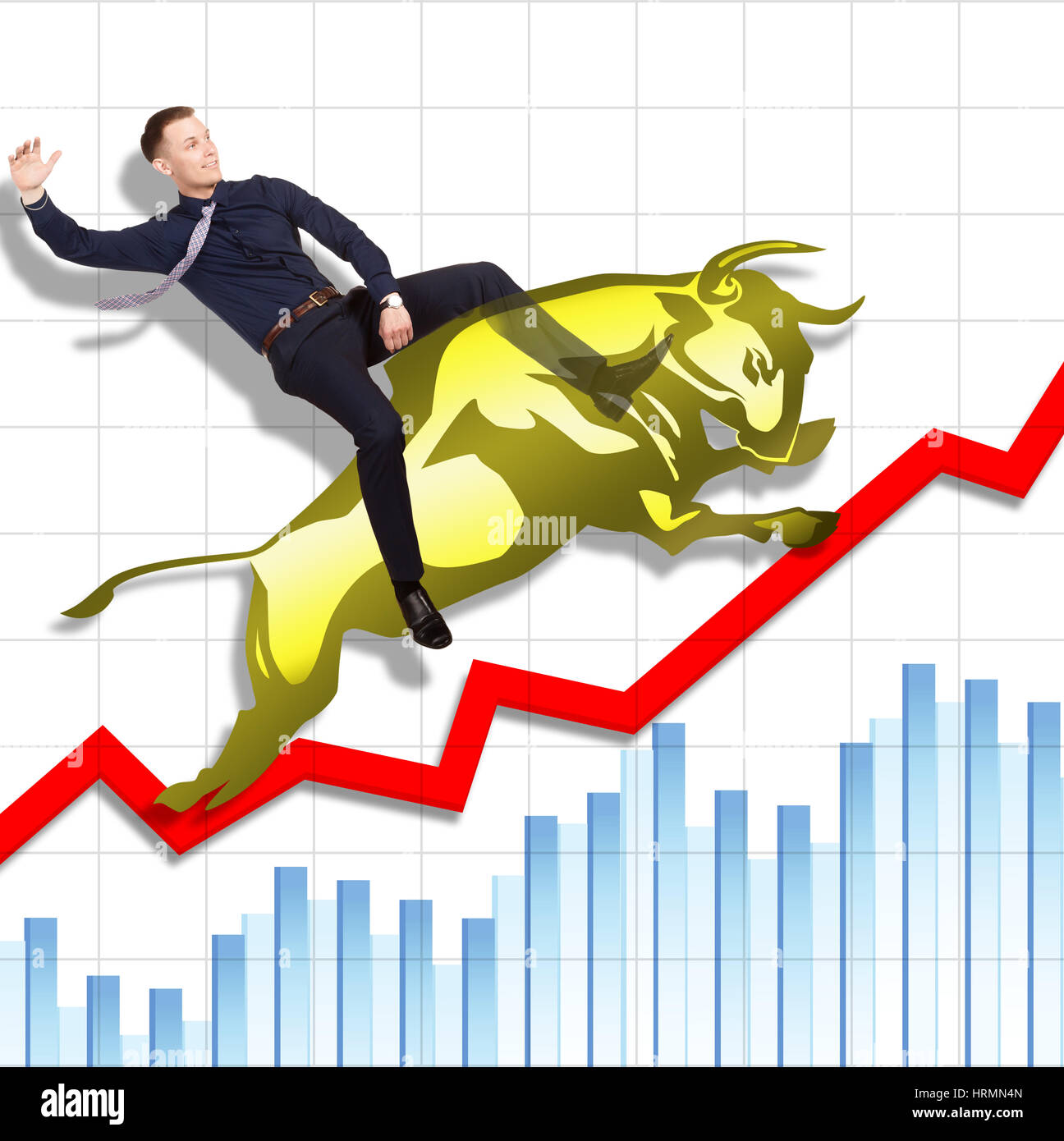 Unternehmer ist auf dem Sprung gold Stier am roten Pfeil Abwärtstrend Linie auf Hintergrund der Grafik des Fonds. Wehren Sie bullish Marktkonzept. Stockfoto