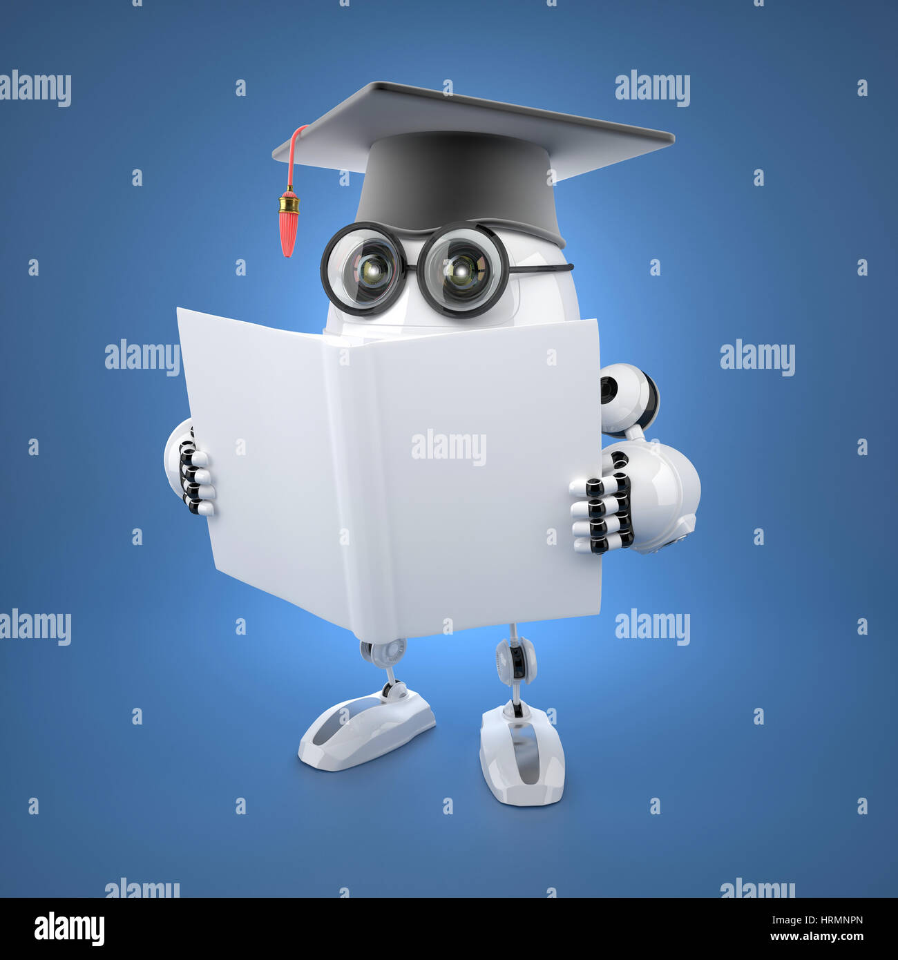 Roboter-Bachelor mit Blanck Buch. Technologie-Konzept. Über blauem Hintergrund gerendert Stockfoto