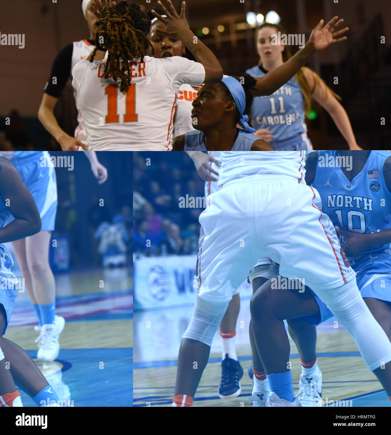 CONWAY, SC - 02. März: North Carolina Tar Heels Wache Jamie Cherry (10) in die Gasse auf der Suche nach einem Schuss während des Spiels zwischen den North Carolina Tarheels und Syracuse Orange in der ACC-Damen Turnier am 2. März 2017 im HTC Center in Conway, SC. William Howard/CSM-Laufwerke Stockfoto