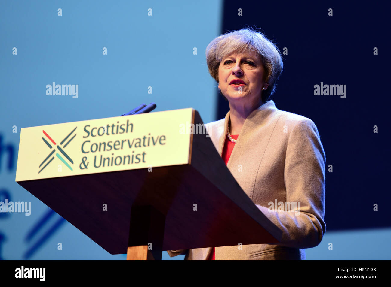 Glasgow, Schottland. 3. März 2017. Premierminister Theresa May befasst sich mit der schottischen konservativen Partei Frühjahrskonferenz Credit: Ken Jack/Alamy Live News Stockfoto