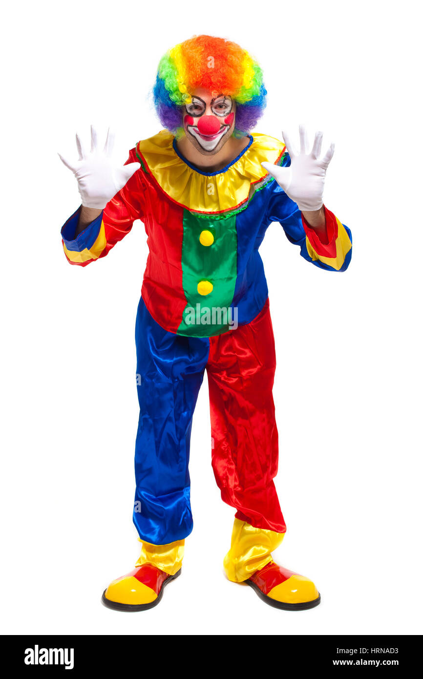 Voller Länge Clown isoliert auf weiss Stockfoto