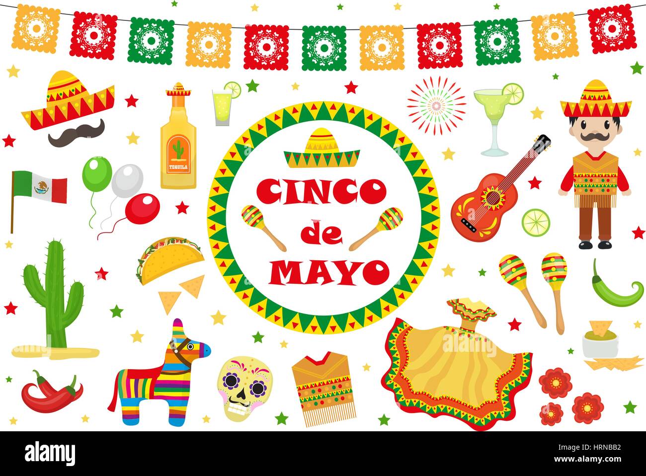 Cinco De Mayo-Feier in Mexiko, Icons Set, Design-Element, flachen Stil. Collection-Objekten für Cinco De Mayo-Parade mit Pinata, Essen, Sambrero, Tequila, Kaktus, kennzeichnen. Vektor-Illustration, ClipArt Stock Vektor