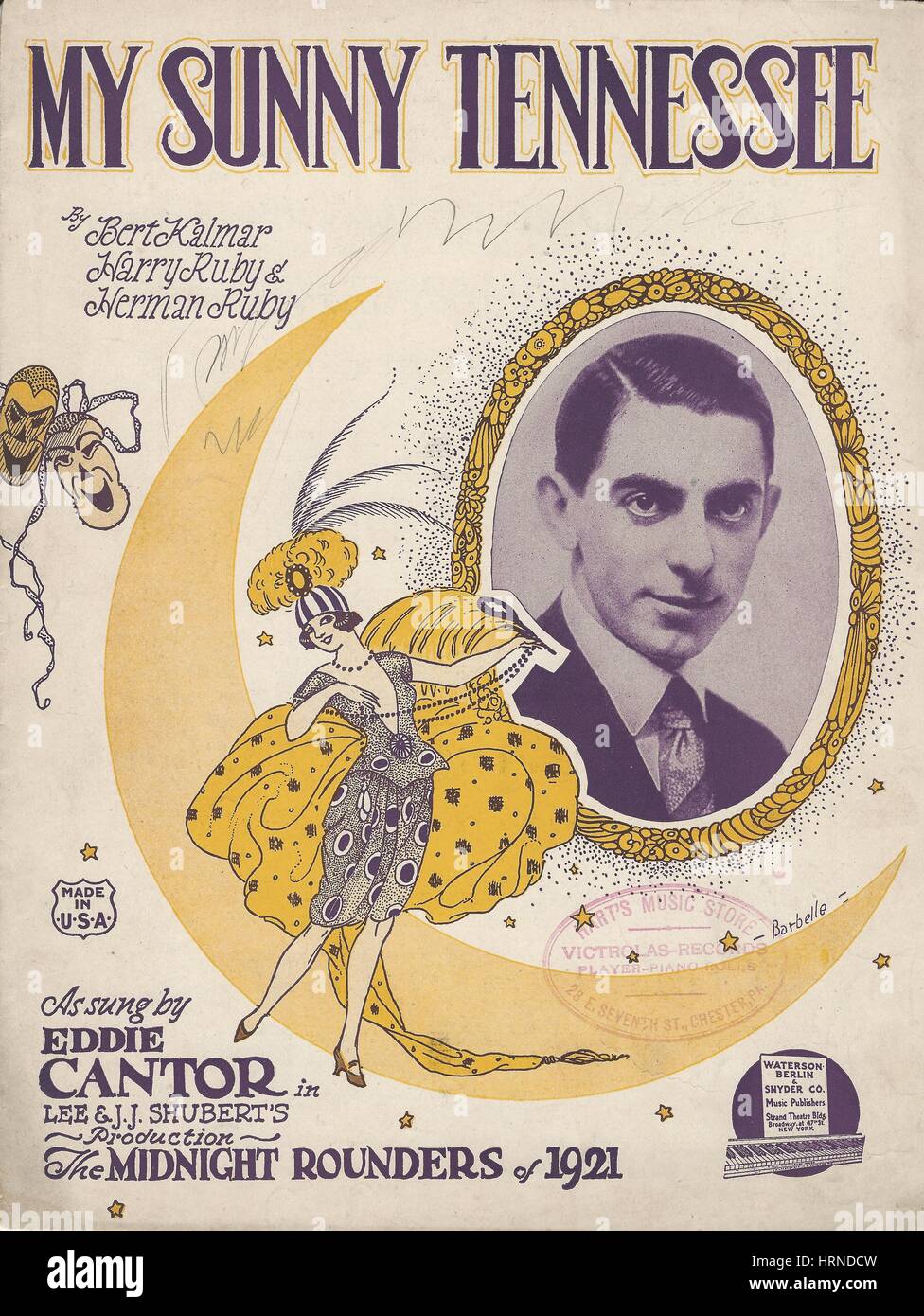 "Meine sonnigen Tennessee" aus dem Musical "die Mitternacht Rounders 1921" Eddie Cantor Sheet Music Cover Stockfoto