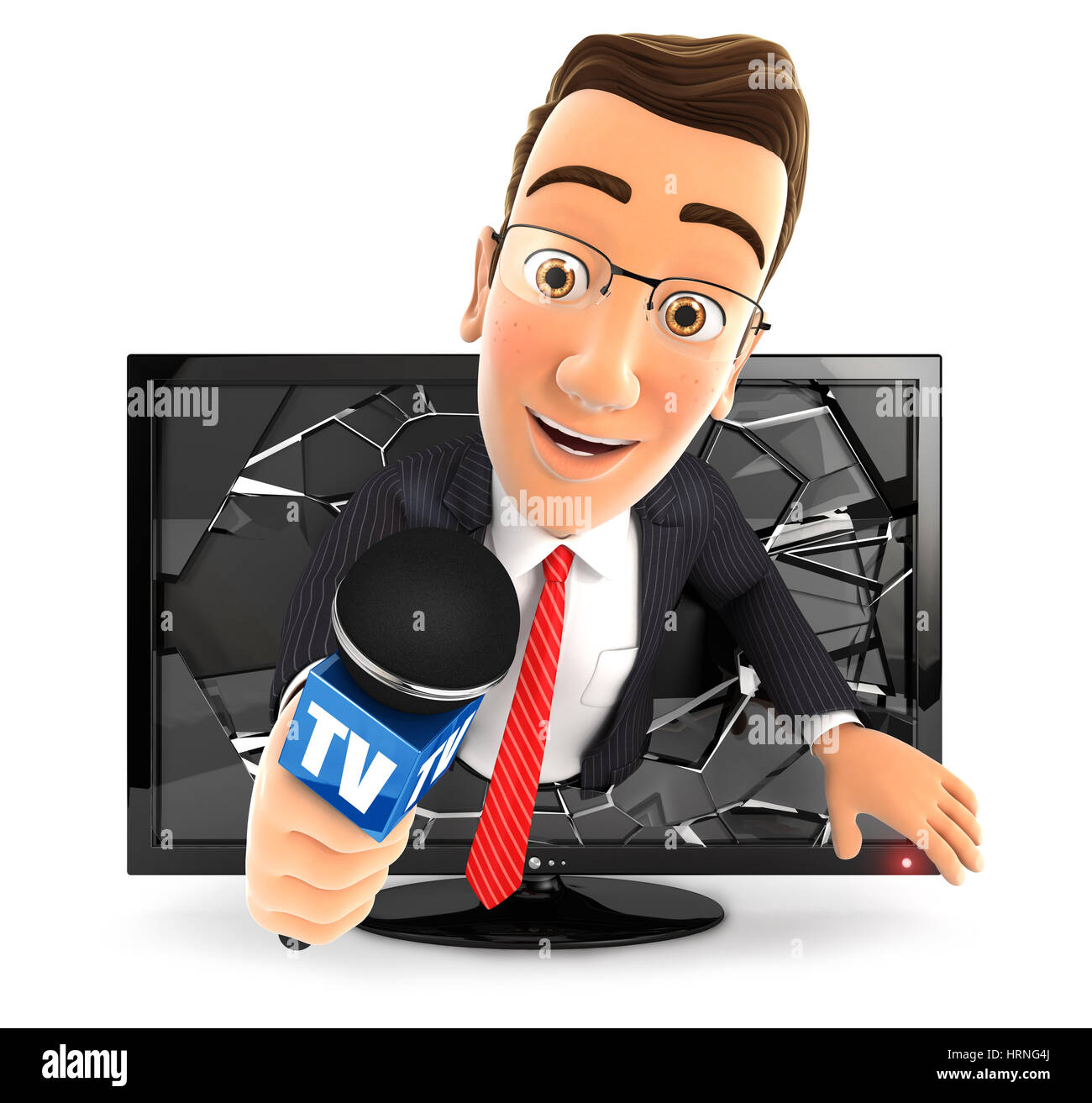 3D Geschäftsmann mit Mikrofon aus Fernsehen, Abbildung mit isolierten weißen Hintergrund Stockfoto