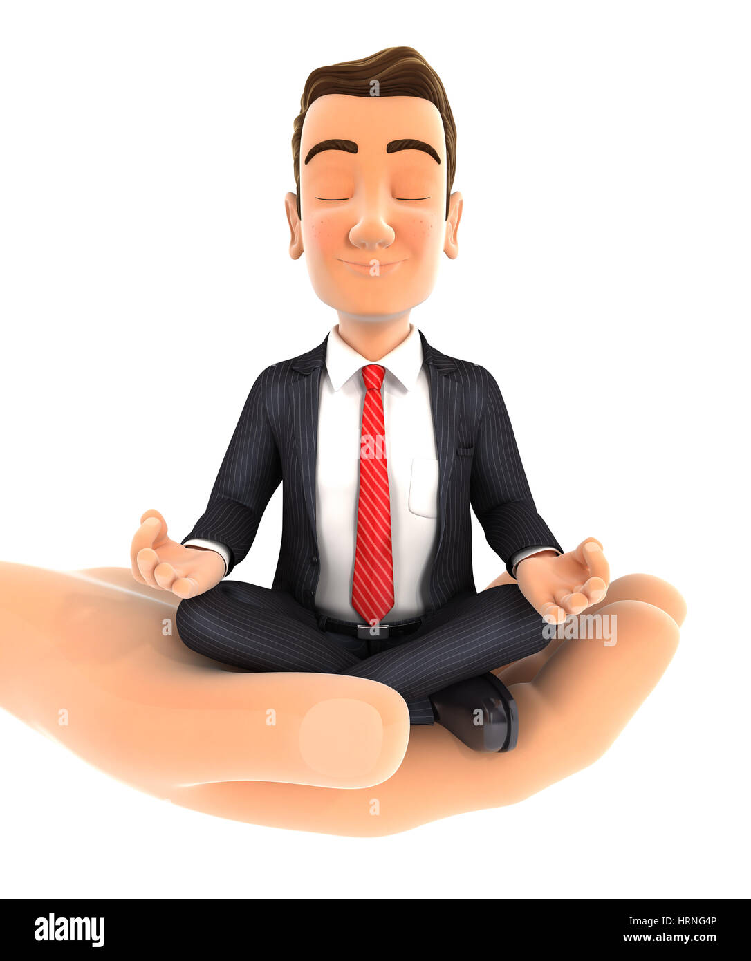3D Hand Holding Geschäftsmann tun Yoga, Abbildung mit isolierten weißen Hintergrund Stockfoto