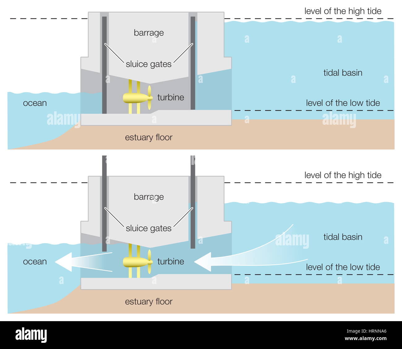 Schematische Darstellung ein Gezeitenkraftwerk Flut, Wind, erneuerbare Energien, alternative Energien, Wasserkraft, Wasserkraft, erneuerbare Ressource. Stockfoto