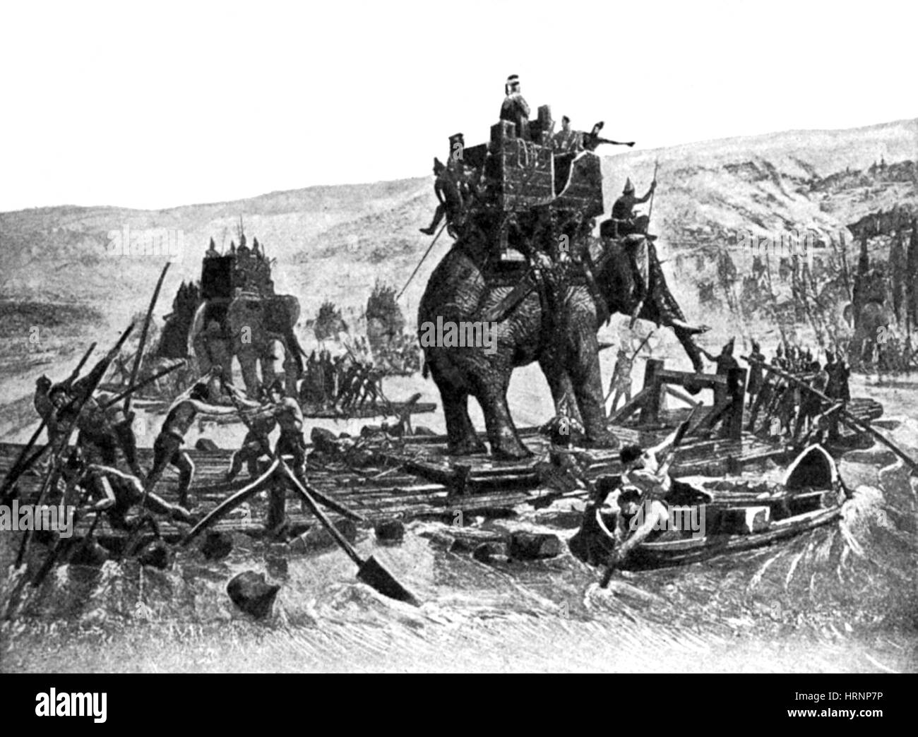 Hannibals Kriegselefanten überqueren die Rhone, zweiten Punischen Krieges Stockfoto