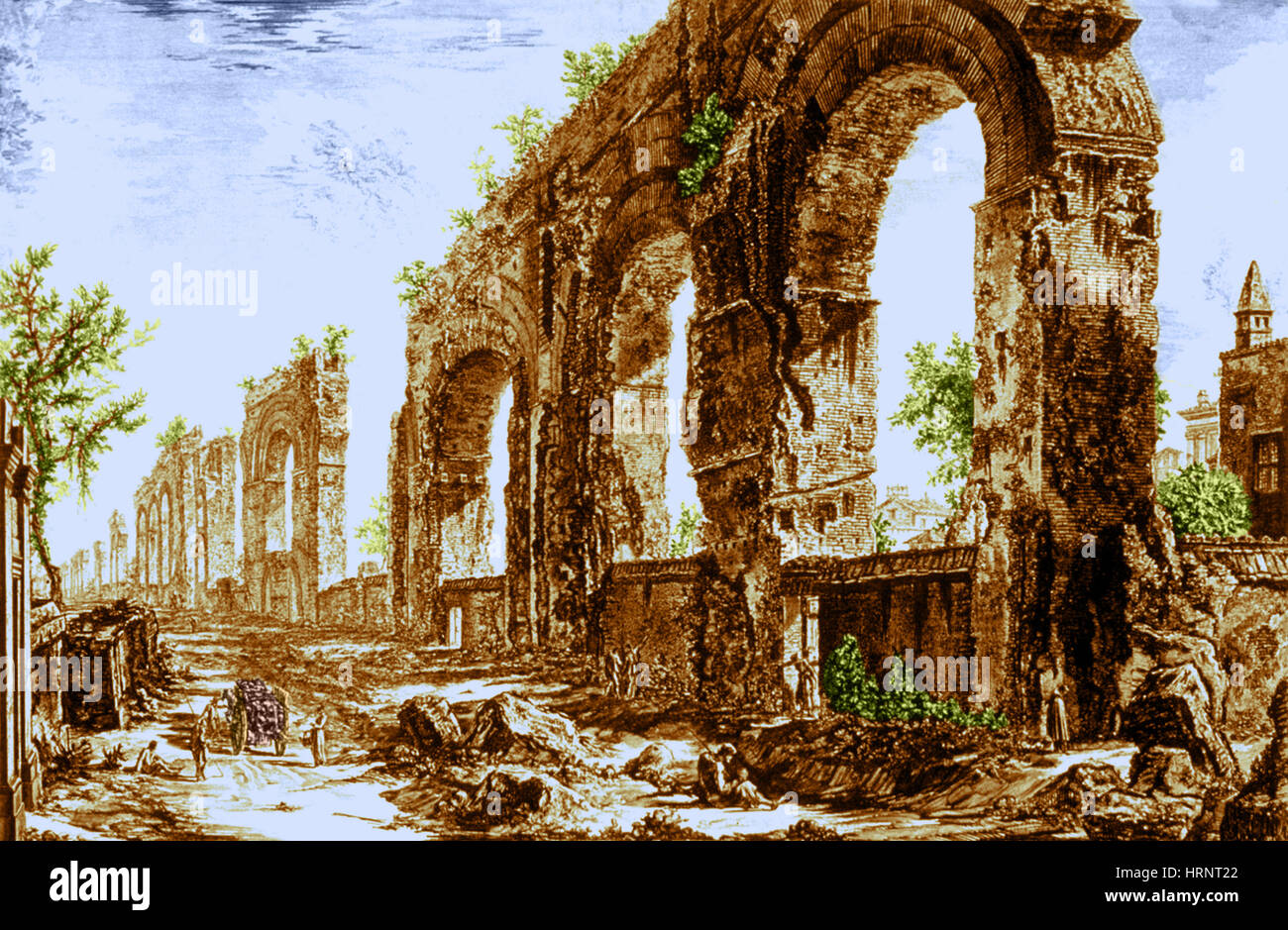 Ruinen des römischen Aquädukts aus dem 18. Jahrhundert Radierung Stockfoto