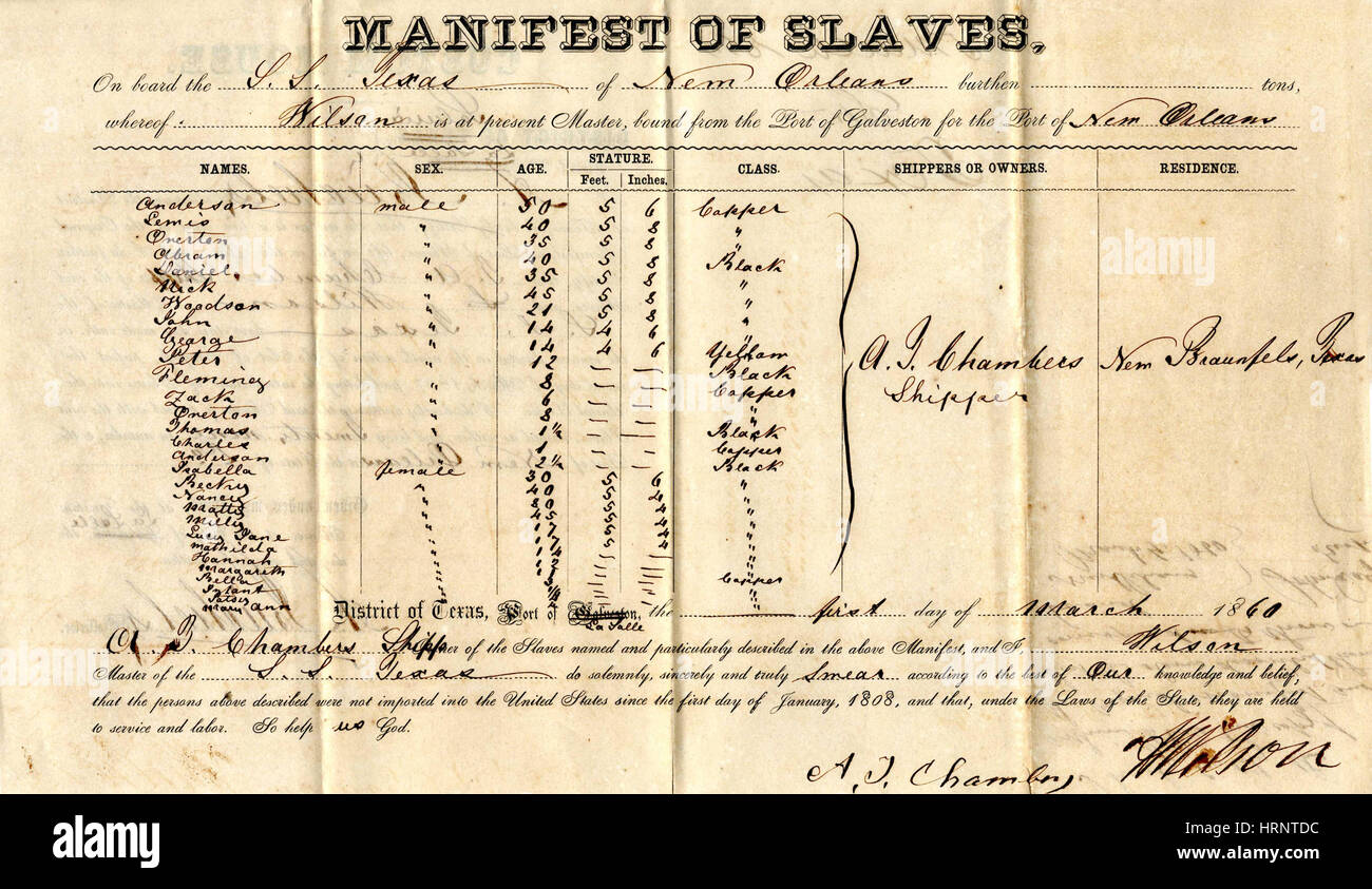 Slave-Manifest, 1860 Stockfoto