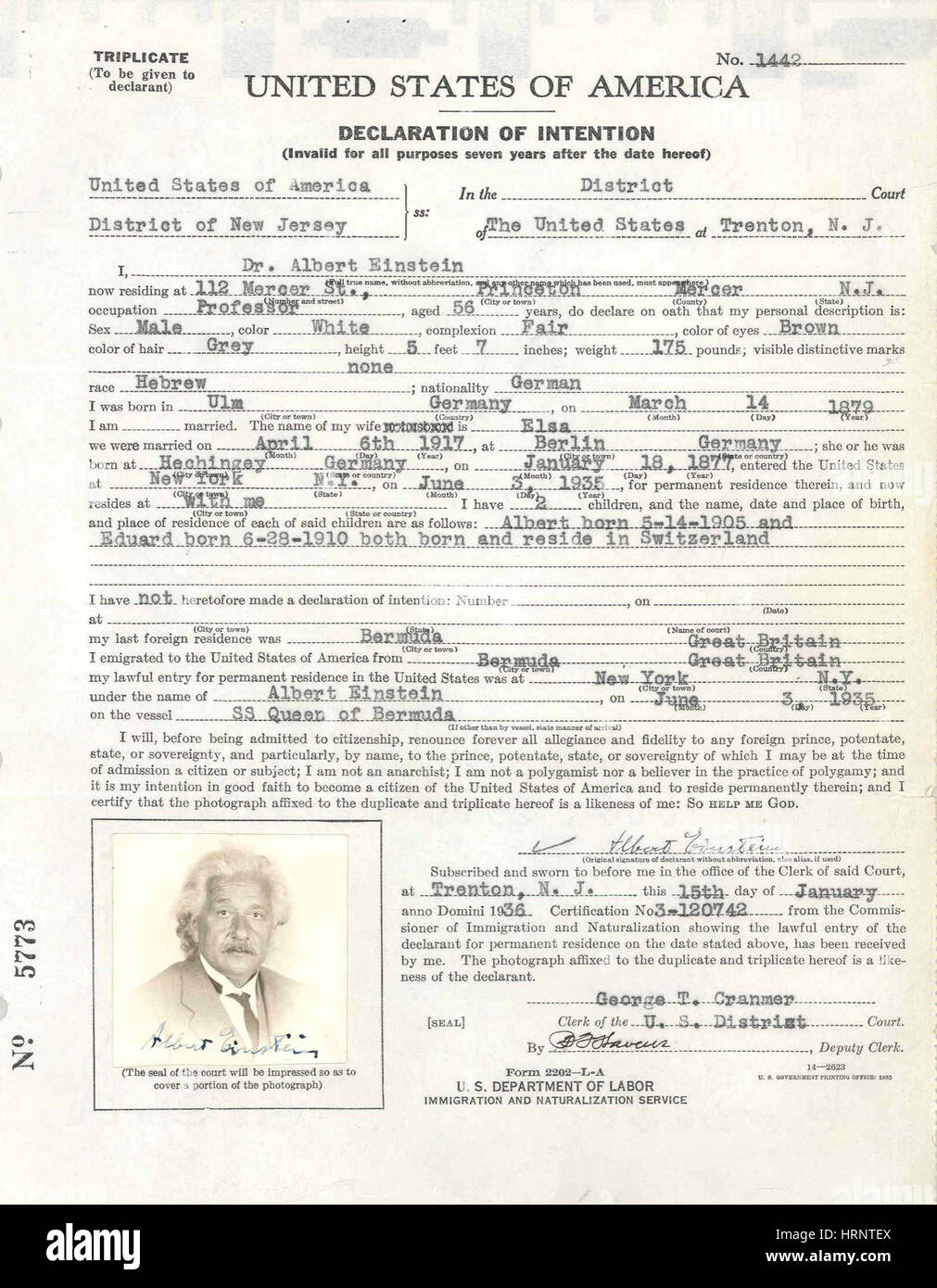 Einbürgerung von Albert Einstein, 1940 Stockfoto