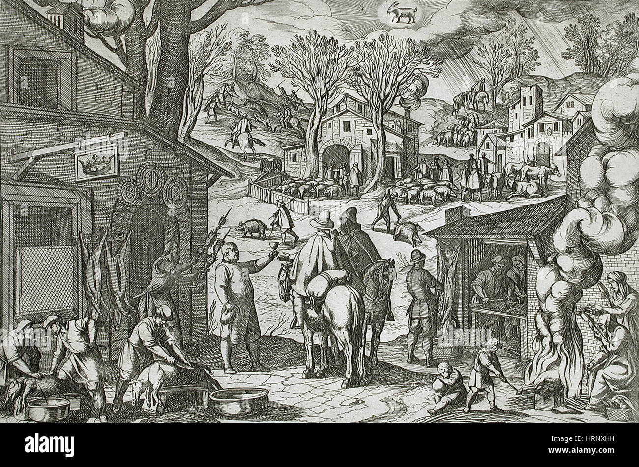 Dezember, Dorf-Szene, aus dem 16. Jahrhundert Kalender Stockfoto