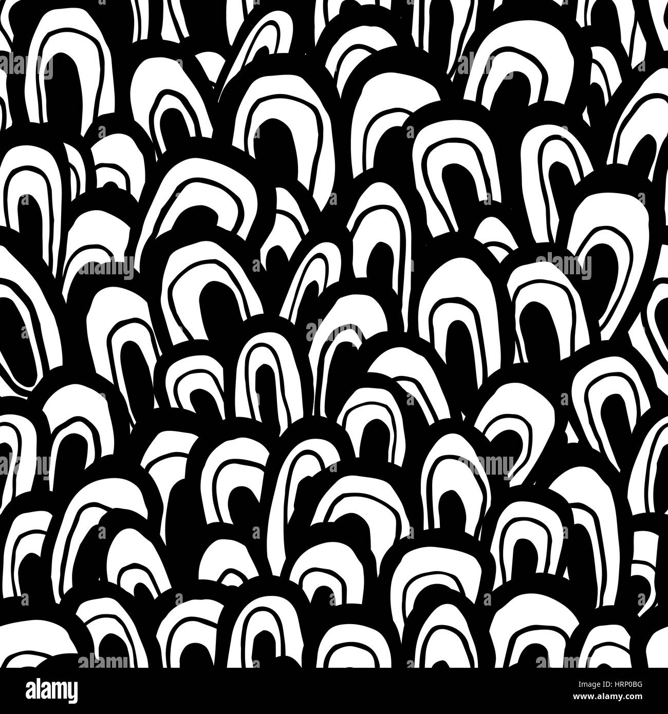 Nahtlose abstrakte Muster. Handgefertigte Formen, sieht aus wie Wellen, Fisch Skala oder Wald, schwarz und weiß Farben. Entspannte Geometrie. Textil-Design. Stock Vektor