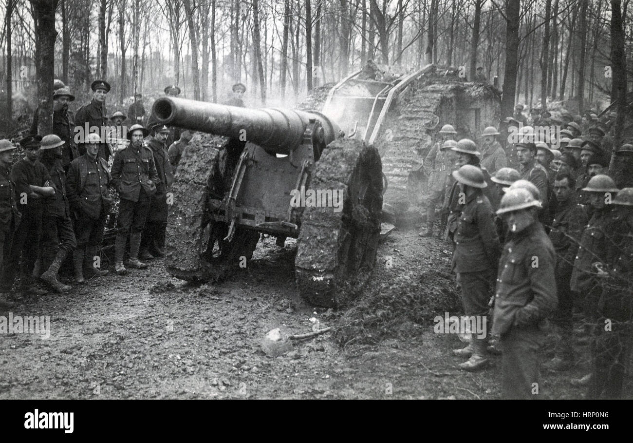 WWI, gefangengenommen deutsche Haubitze, Schlacht von Cambrai, 1917 Stockfoto