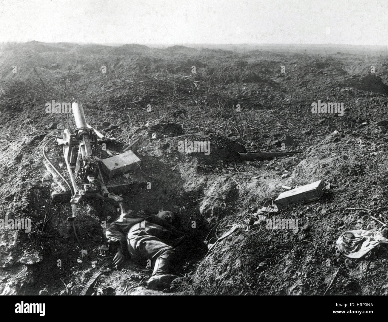 WWI, tot deutscher MG-Schütze, Ypres Salient Stockfoto