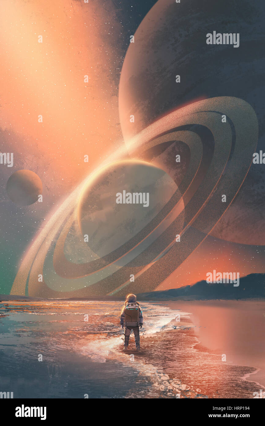 der Astronaut stehen am Strand, Blick auf Planeten am Himmel, Illustration, Malerei Stockfoto