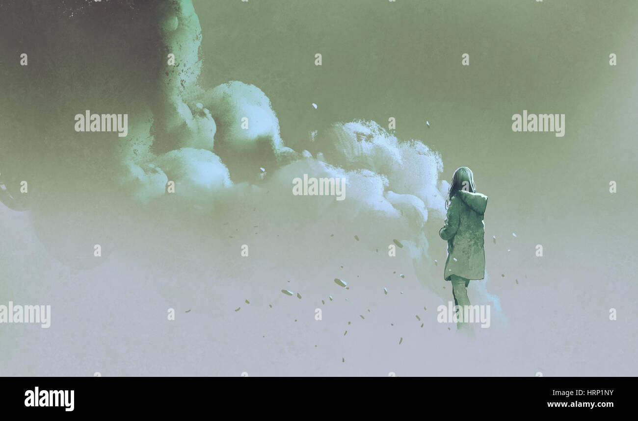 allein Frau stand vor Rauch, Illustration, Malerei Stockfoto