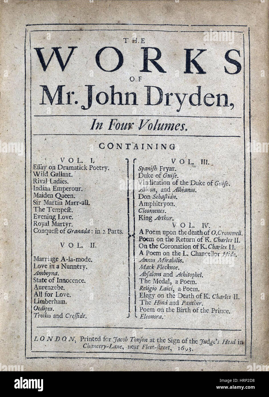 Werke von John Dryden, Titelseite, 1693 Stockfoto