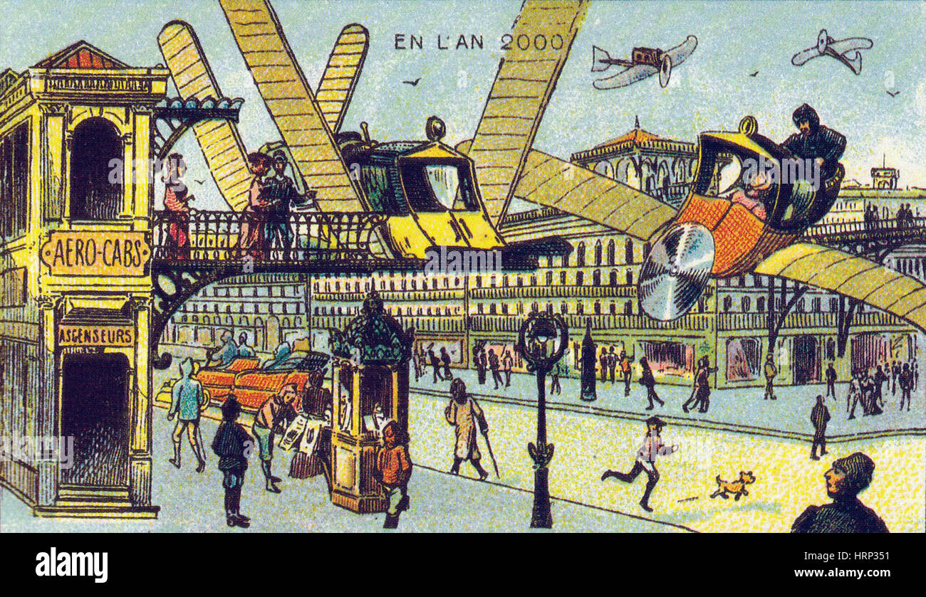 Fliegende Taxis, französische Postkarte 1900 s Stockfoto